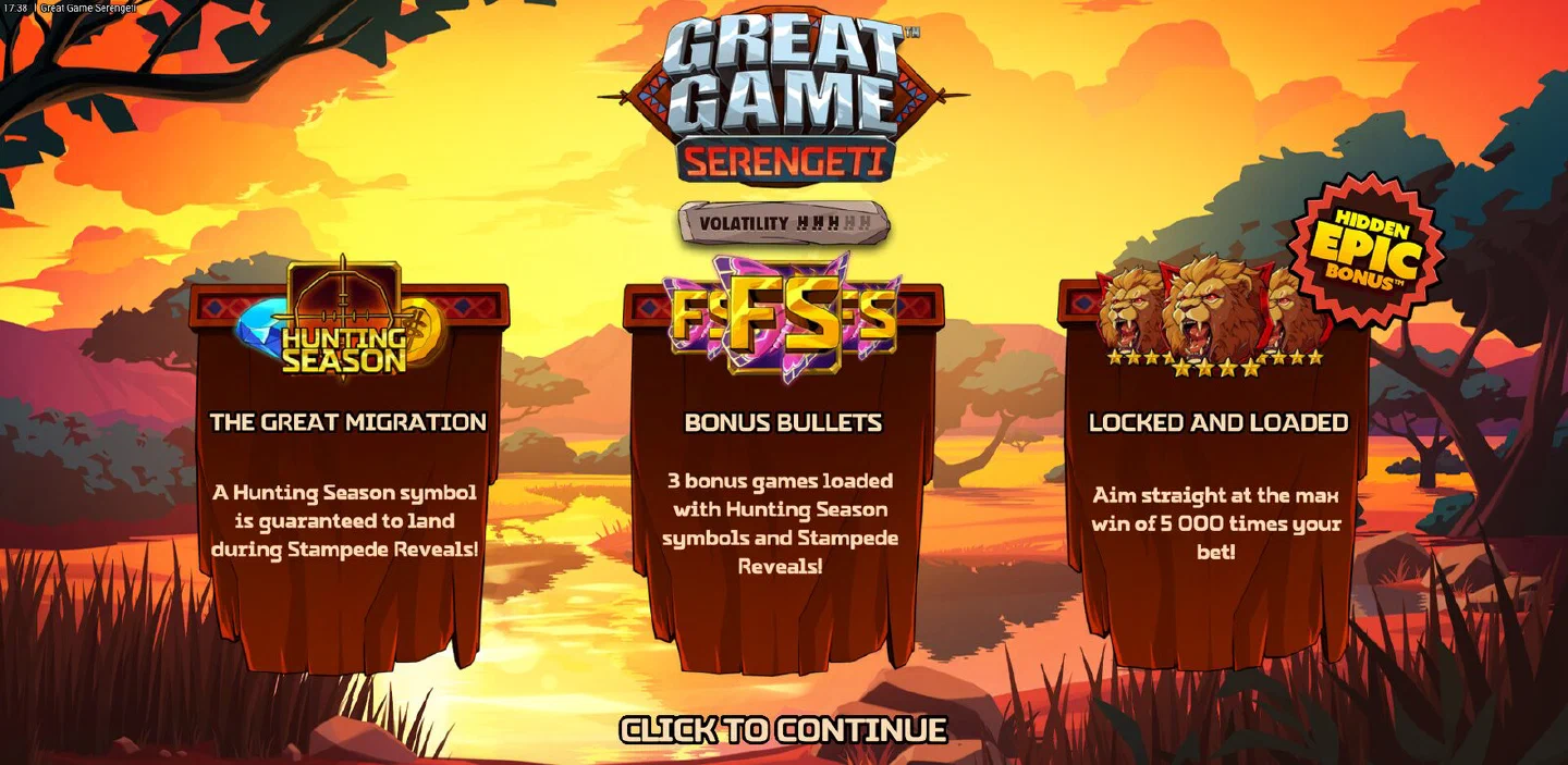 The Great Game Serengeti intro screen with the volatility meter and the three feature cards