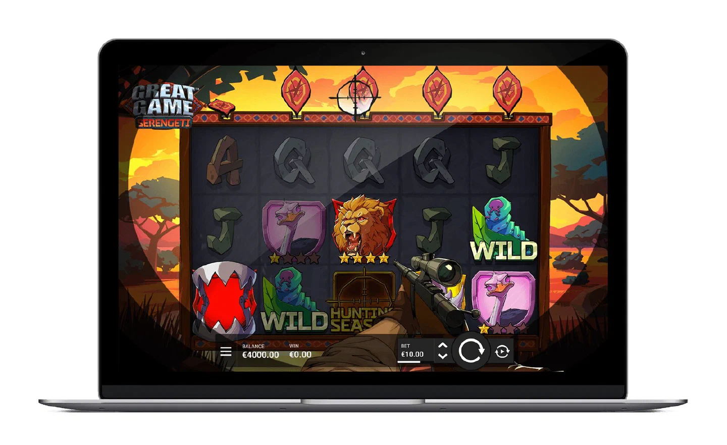Great Game Serengeti on a laptop screen mid-hunt, with a target sighted above the reels