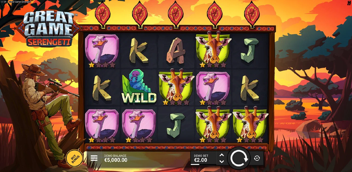 The Great Game Serengeti base game on five reels and three rows with the bet panel showing 2.00