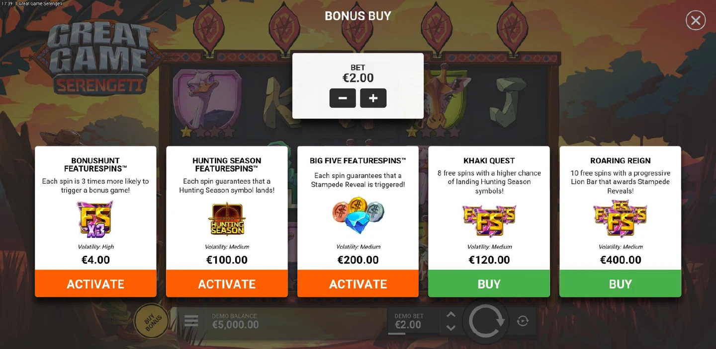 The Great Game Serengeti buy menu with five feature entries, their prices and volatility labels